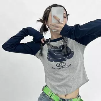 Y2K Европейская и американская весна, новый уличный дизайн с контрастным цветом, повседневная женская футболка с длинными рукавами, универсальный топ с круглым вырезом S