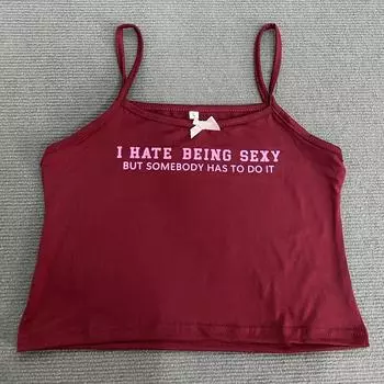 Y2K европейская и американская женская верхняя одежда в стиле ретро с милым буквенным принтом, жилет на подтяжках, летний короткий топ без рукавов S бордовый