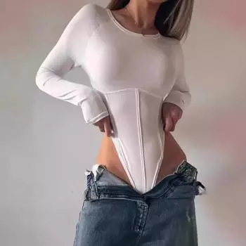 Y2K Европейский и Американский сексуальный облегающий комбинезон с длинными рукавами и верхом для похудения S белый