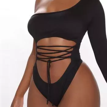 Y2K Европейский и американский сексуальный женский комбинезон на одно плечо с длинным рукавом и открытым пупком, весна/лето S чёрный