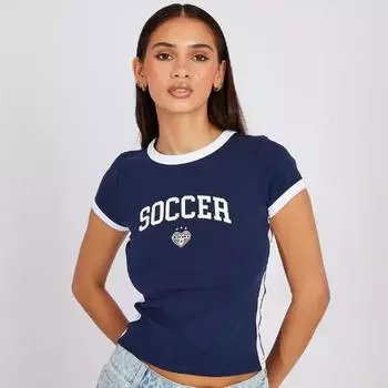 Y2K европейский и американский стиль с буквенным принтом уличная спортивная облегающая короткая футболка ретро повседневная сексуальная футболка S темно-синий