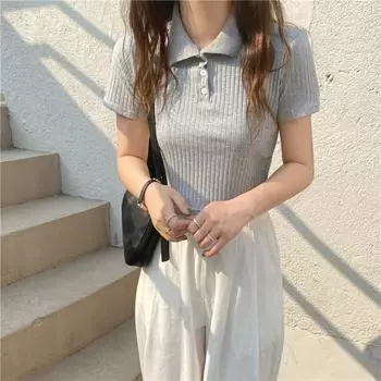 Y2K европейский и американский воротник-поло с короткими рукавами, женский летний короткий стиль, облегающий и утягивающий топ с половиной рукавов One Size чёрный