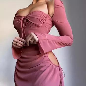 Y2K европейский и американский женский весенне-летний однотонный бюстгальтер с квадратным вырезом и полым висячим воротником, сексуальная короткая юбка на шнуровке S чёрный