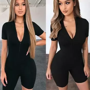 Y2K Европейский и американский женский весенне-летний облегающий комбинезон с круглым вырезом и открытой молнией и короткими рукавами S чёрный