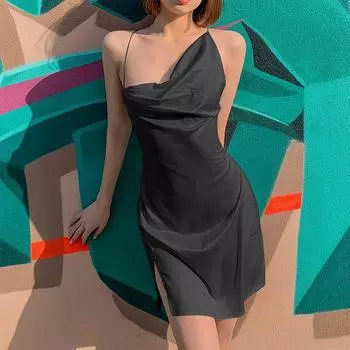 Y2K европейское и американское летнее женское сексуальное платье с открытой спиной и разрезом по подолу на подтяжках S чёрный