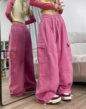 Y2K Fashion Drawstring Casual Baggy Cargo Jeans Брюки Женские Прямые Широкие Спортивные Штаны Брюки XXXXXL чёрный