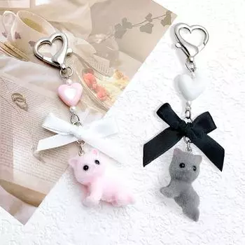 Y2K Флокированный кот, бант, сердце, брелок, милый мультяшный брелок, автомобильный брелок, сумка, подвеска, наушники, подвесной декоративный держатель для ключей белый