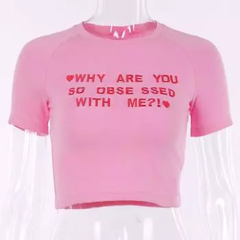 Y2K футболка с вышитыми буквами и сексуальным вырезом, уличная одежда S розовый