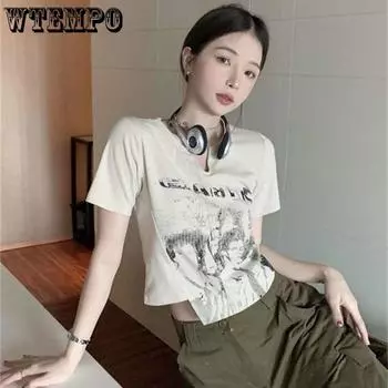 Y2k футболка женская Harajuku корейский стиль тонкие сексуальные топы женские однотонные футболки уличная одежда весенние футболки M абрикосовый