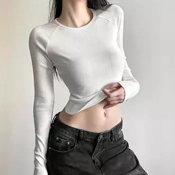 Y2K футболки, винтажная женская футболка с круглым вырезом и длинным рукавом, повседневные укороченные топы с гранж-принтом, женские графические корейские модные укороченные топы EMO S белый