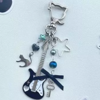 Y2K Гитара Кот Брелок для ключей Для мужчин Женщин Пентаграмма Бант Подвеска Рок Панк Аксессуары для сумки Подарок