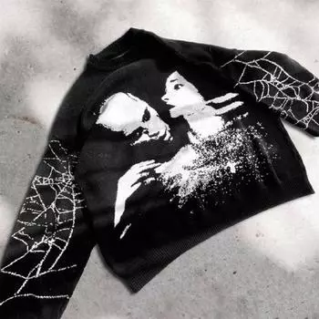 Y2K Gothic буквенный рисунок принт осенне-зимний жаккардовый вязаный свитер M чёрный