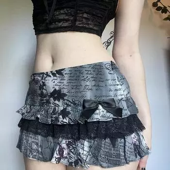 Y2k готическая мини-юбка женская уличная мини-юбка с оборками и подолом бант кружево пэчворк многоуровневые юбки А-силуэта Harajuku Faldas S