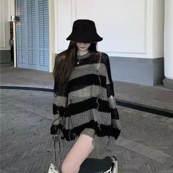 Y2K готический полосатый вязаный свитер женский Harajuku панк негабаритный джемпер винтажный свободный пуловер топы в стиле гранж M чёрный
