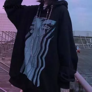 Y2k готический топ для женщин и мужчин толстовки унисекс ретро темный свитер пара свободный свитер с капюшоном черный темный топ M чёрный