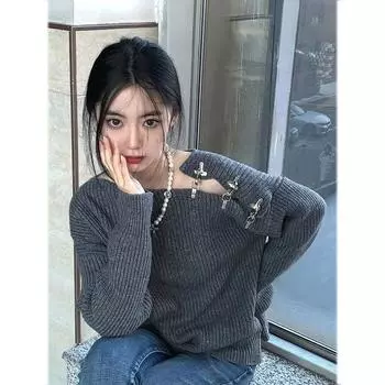 Y2K гранж-серый свитер большого размера для женщин Harajuku панк вязаный джемпер с открытыми плечами свободные повседневные топы в стиле хип-хоп в стиле ретро S серый