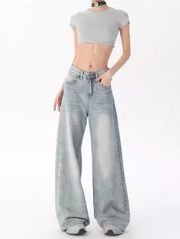 Y2k Harajuku 2000-х годов, винтажные мешковатые синие джинсы, женские элегантные джинсовые свободные брюки с высокой талией, женские ретро-модные 90-е, эстетические широкие брюки, новинка S синий