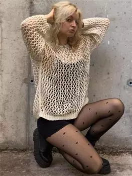 Y2K Harajuku ажурные вязаные пуловеры с круглым вырезом, летний винтажный топ, модный свитер в стиле ретро S бежевый