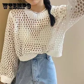 Y2K Harajuku ажурные вязаные пуловеры с круглым вырезом, осенние винтажные однотонные топы, модный свитер в стиле ретро One Size зелёный