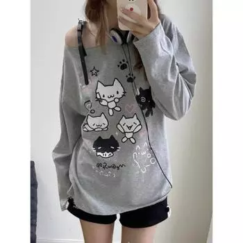 Y2k Harajuku Cuteore толстовки женские японский стиль Kawaii сладкий бандаж мультяшный принт большой размер толстовка мягкая девушка S серый