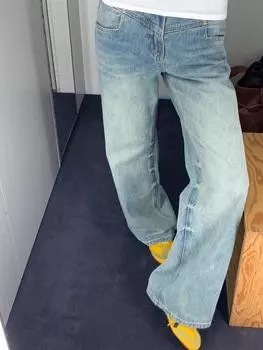 Y2k Harajuku Элегантные офисные прямые джинсы для женщин 2000-х годов, модный дизайн, уличная одежда, узкие брюки, винтажные потертые длинные брюки из денима S синий