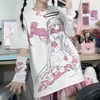 Y2k Harajuku Kawaii футболки женские японская мода готическая уличная одежда свободные футболки с мультяшным принтом мягкая весна для девочек S белый