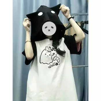 Y2k Harajuku Kawaii футболки женские японский стиль милые мягкие девушки с кошачьими ушками мультфильм принт лоскутные футболки с капюшоном топы 2024 S белый