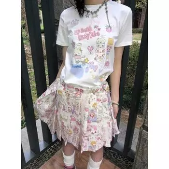 Y2k Harajuku Kawaii Футболки женские Японская мода Милая уличная одежда Мультяшный принт Свободные футболки Топы Мягкие летние для девушек S белый