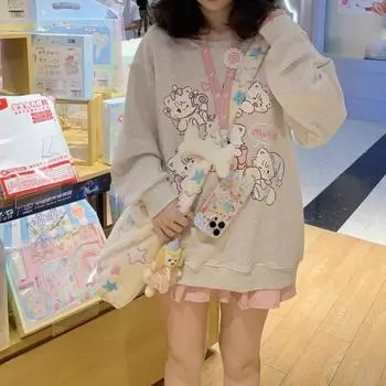 Y2k Harajuku Kawaii Hoodie Women Japanese Fashion Cute Casual Cat Print Soft Gril Loose Sweatshirt Gray Preppy Style S белый