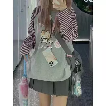 Y2k Harajuku Kawaii полосатая толстовка женская японская мода лоскутное толстовка с мультяшным принтом женская осень 2023 новинка в S серый