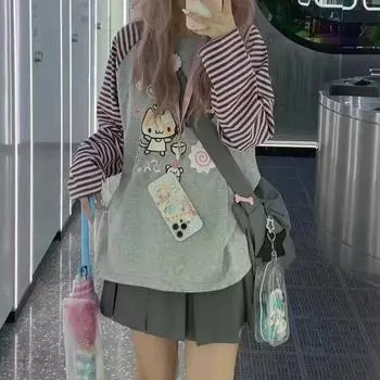 Y2k Harajuku Kawaii полосатая толстовка женская японская мода лоскутное толстовка с мультяшным принтом женская осень 2023 новинка в S серый