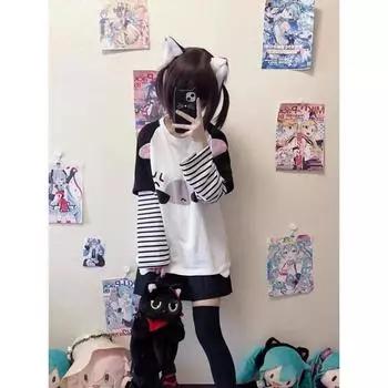 Y2k Harajuku Kawaii Полосатые футболки женские японские модные лоскутные футболки с мультяшным принтом топы женские весенние новинки S чёрный