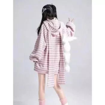 Y2k Harajuku Kawaii вязаный кардиган японская мода милый сладкий полосатый кроличьи ушки свободный молния пальто мягкий топы для девочек 2024 S синий