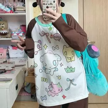 Y2k Harajuku лоскутная толстовка женская японская мода с мультяшным принтом мягкие пуловеры для девочек в консервативном стиле осень новинка 2023 года M белый