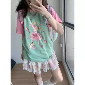Y2k Harajuku лоскутные футболки женские в японском стиле консервативный стиль повседневные свободные футболки с мультяшным принтом топы мягкие для девочек 2024 S зелёный
