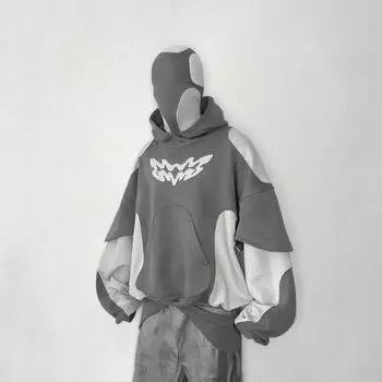 Y2K Harajuku модный дизайн нашивка ретро панк с капюшоном длинный рукав свободная уличная спортивная рубашка большого размера M серый