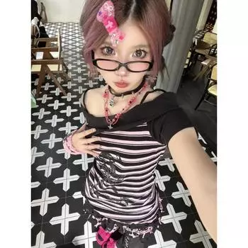 Y2k Harajuku Полосатые футболки женские японская мода готическая уличная одежда одно плечо тонкие футболки топ мягкий девичий летний S чёрный