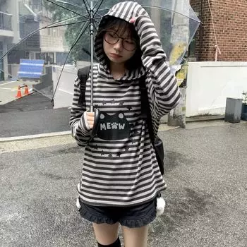 Y2k Harajuku Полосатые толстовки женские японский стиль Kawaii Sweet Star Cartoon Print Свободная толстовка с капюшоном Мягкая для девочек S чёрный