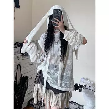 Y2k Harajuku Streetwear Футболки с капюшоном и кроличьими ушками, съемные рукава, однотонный топ для женщин, летняя свободная универсальная одежда S белый