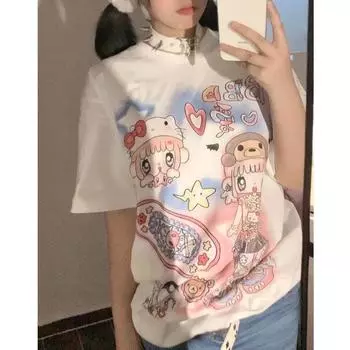 Y2k Harajuku Streetwear Футболки женские японская мода Kawaii Star Cartoon Print Loose Tees Tops Soft Gril Summer S белый