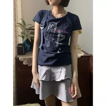 Y2k Harajuku Streetwear Футболки женские японская мода Kawaii мультяшный принт O-образный вырез тонкие футболки топы мягкие гриль лето S темно-синий