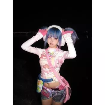 Y2k Harajuku Streetwear Футболки женские японские модные пэчворк Kawaii Sweet Cartoon Print Тонкие футболки Топы Мягкие Gril S розовый