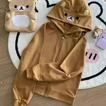 Y2k Harajuku Streetwear Hoodies Women Japanese Style Kawaii Sweet Cute Cartoon Printed Zipper Hoodie Soft Girl S коричневый