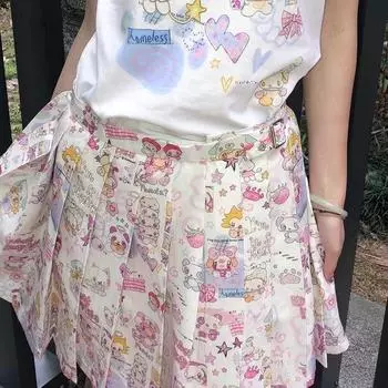 Y2k Harajuku Streetwear Юбка Женская Японская Мода Милая Милая Плиссированная Юбка с Мультяшным Принтом Мягкая Девушка Лето S белый
