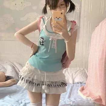 Y2k Harajuku Streetwear Юбки женские Японская мода Kawaii Coquette Кружева Лоскутные Юбки Стиль Preppy Soft Girl S белый