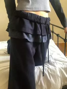 Y2k Harajuku Streetwear Широкие брюки с высокой талией в корейском стиле, винтажные кавайные милые однотонные поддельные брюки из двух частей S чёрный