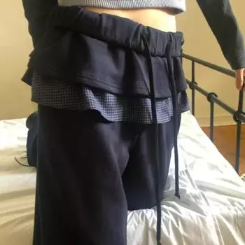 Y2k Harajuku Streetwear Широкие брюки с высокой талией в корейском стиле, винтажные кавайные милые однотонные поддельные брюки из двух частей S чёрный