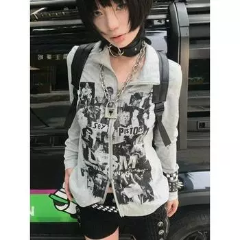 Y2k Harajuku толстовки женские американский ретро панк уличная одежда хип-хоп граффити принт молния толстовка осень S серый