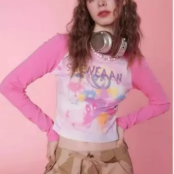 Y2k Harajuku уличная футболка женские японские лоскутные Kawaii милый мультяшный принт тонкие футболки укороченные топы мягкие гриль S розовый