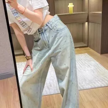 Y2k Harajuku Винтаж Мешковатые Синие Джинсы Женские Ретро Дизайн Сверла Для Ногтей Джинсовые Брюки с Высокой Талией Корейская Мода 90-х Эстетические Широкие Брюки Уличная Одежда S синий